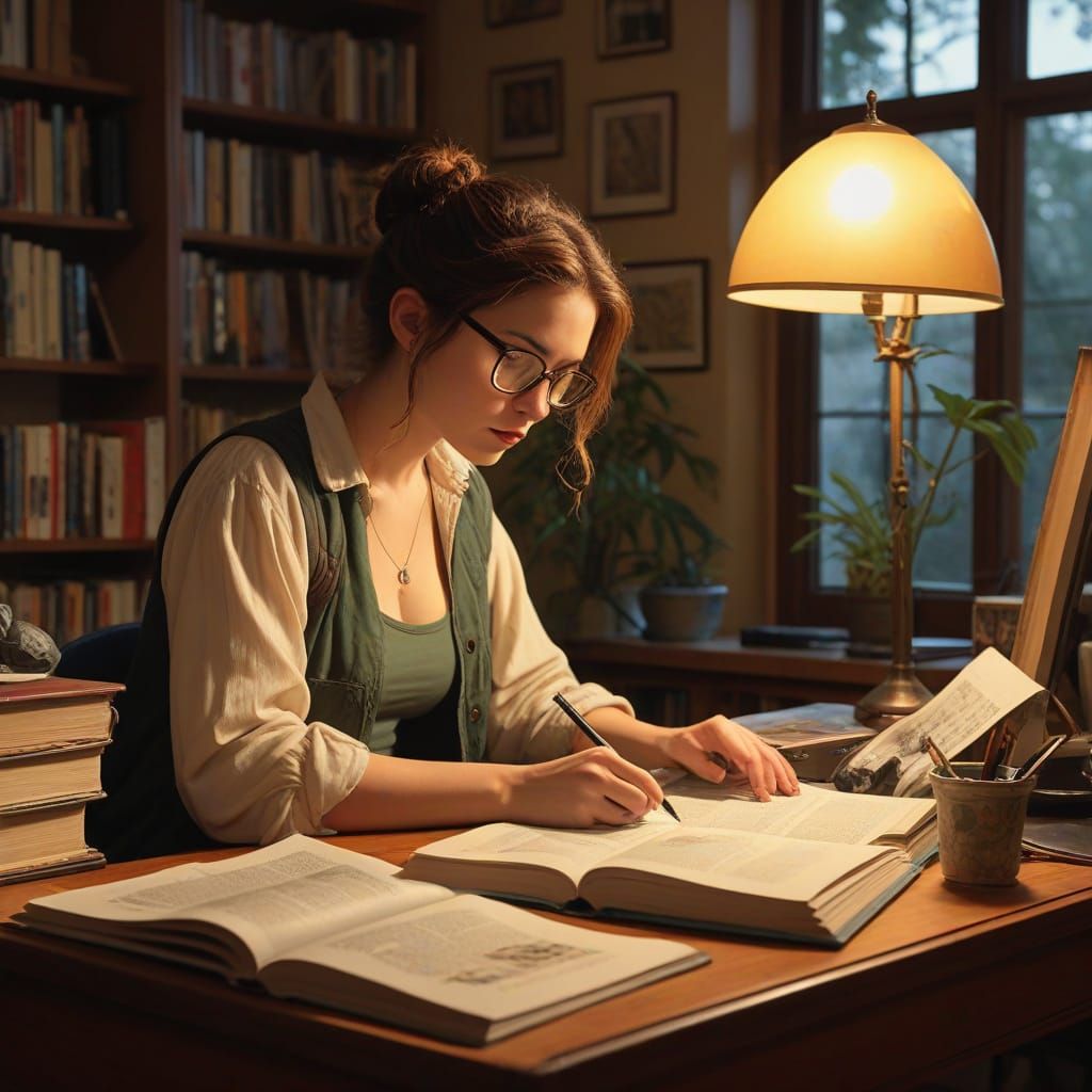 geek at her desk, in a library full of books, windows, plants, tiffany dragonfly lamp, retro comic book, mike mignola, moebius, erin hanson,...