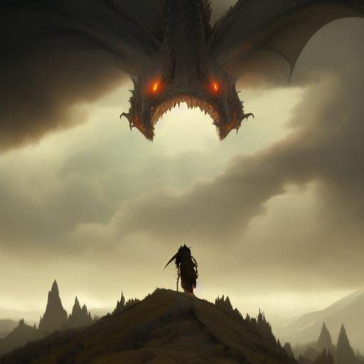 scary dragon poking head down from the clouds coming face to...