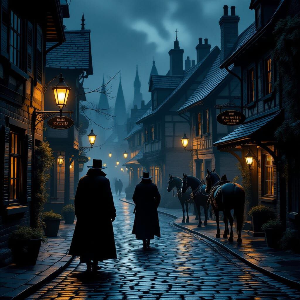 A tavern is on the street. A mysterious figure disappearing into the shadows of a 
winding coble stone ...  by @Jram