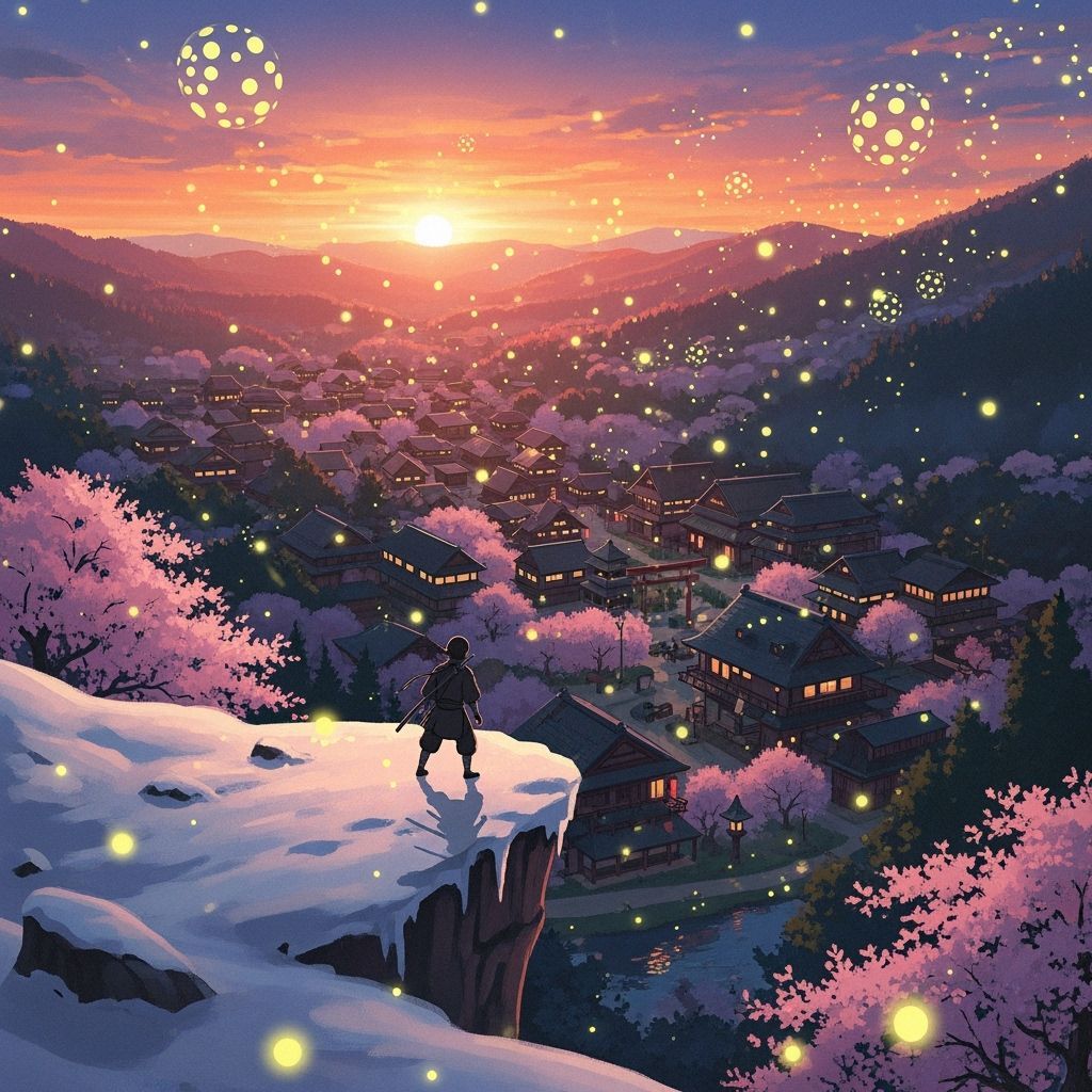Ninja Gazing at Sunset Village: Anime Dreamscape