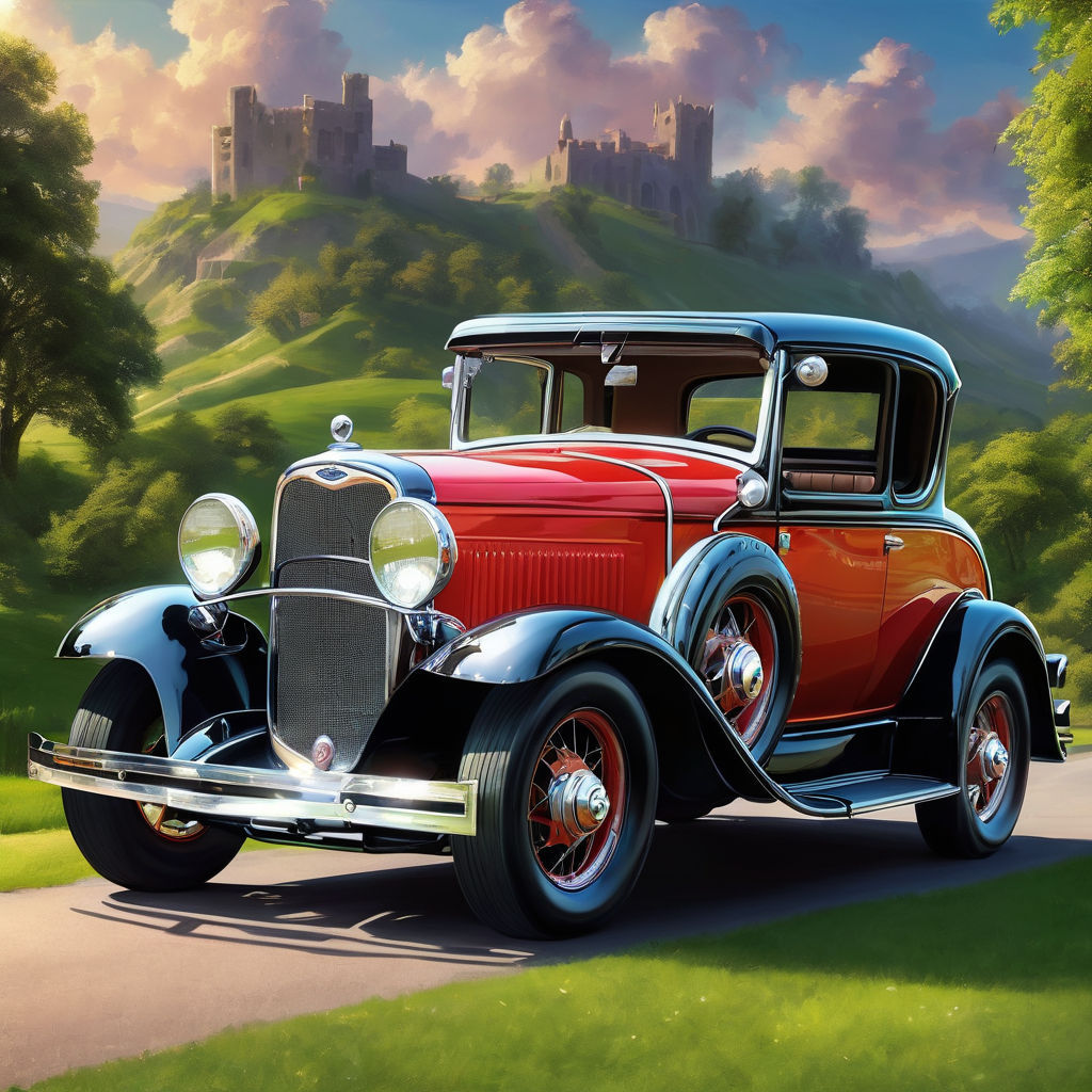 A red 1932 Ford V8 in the countryside – PL