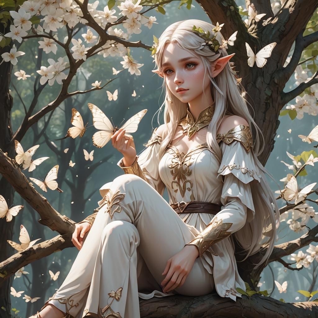 A beautiful elf is sitting on a tree and in her hand sits a ...
