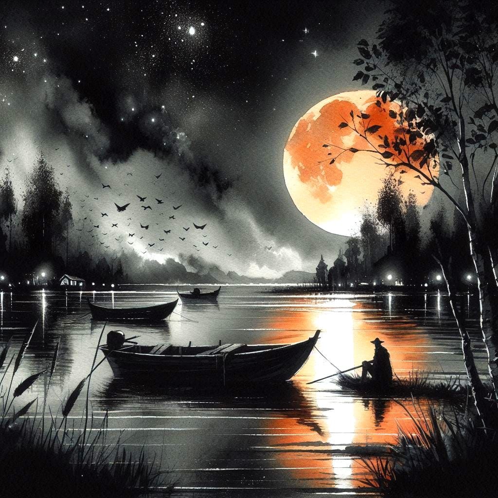 Night landscape in black and orange tones