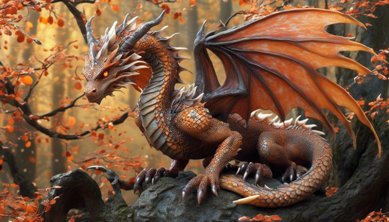 <lora:Real Dragon Hatchlin:1.0>  dragon of autumn. Orange scales. Intricate gossamer wings. Long coiling and snaking tail. Four legs with wi...