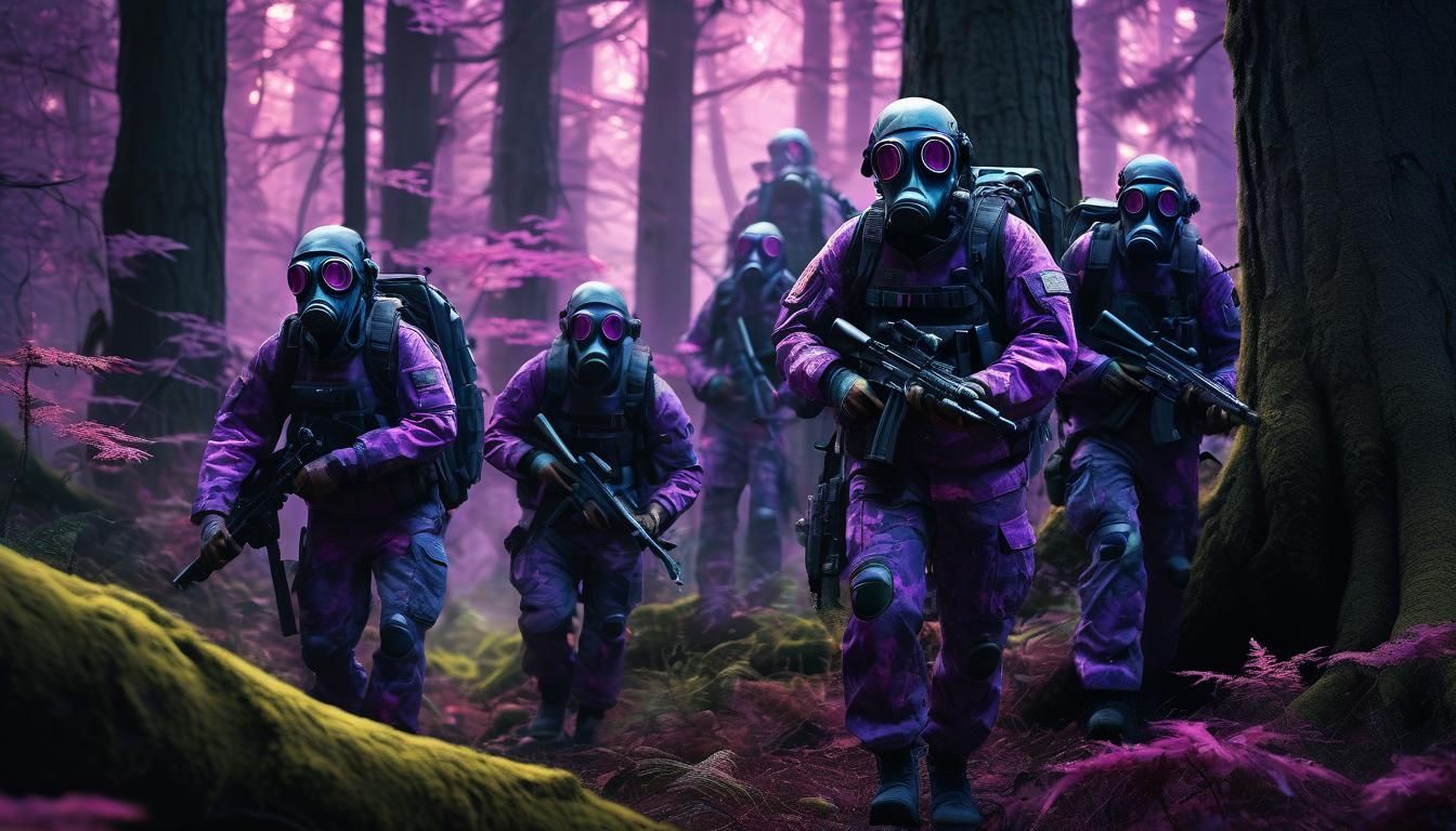 Photorealistic. Realism. A group of survivalists, wearing a ...