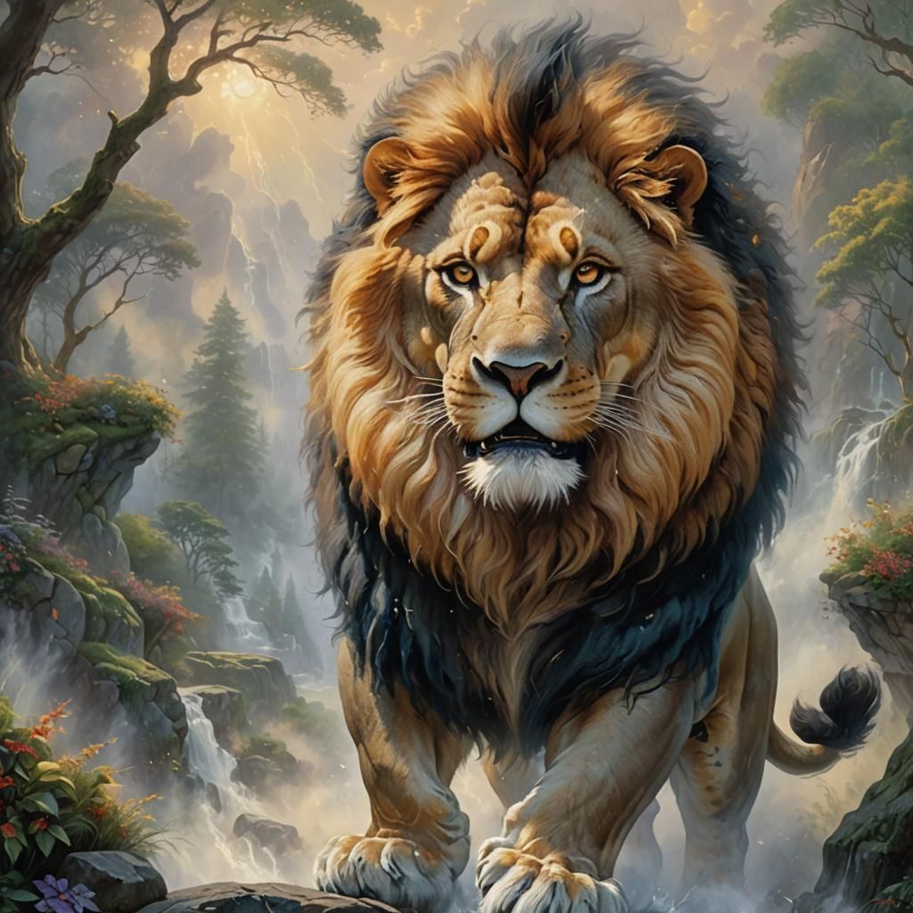 Roaring lion with thick mane