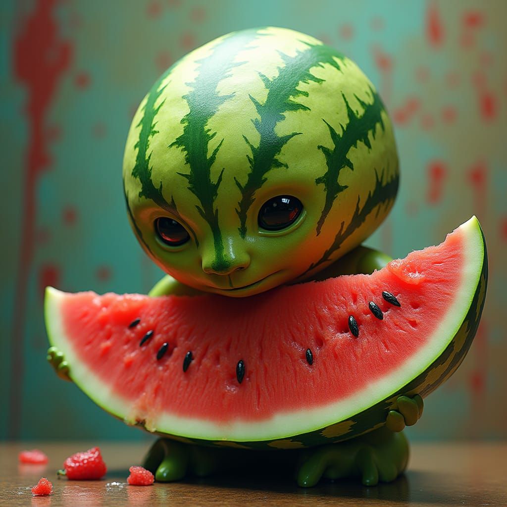 Vibrant Watermelon Humanoid Devours Slice of Itself