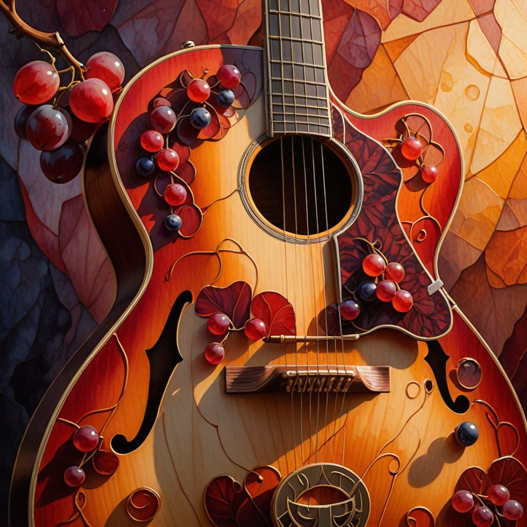 Surreal Guitar Shaped from Grapes in Watercolor