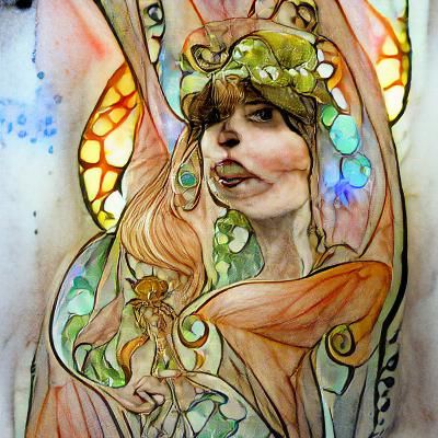 art nouveau fairy goddess watercolor in the style of Mucha psychedelic