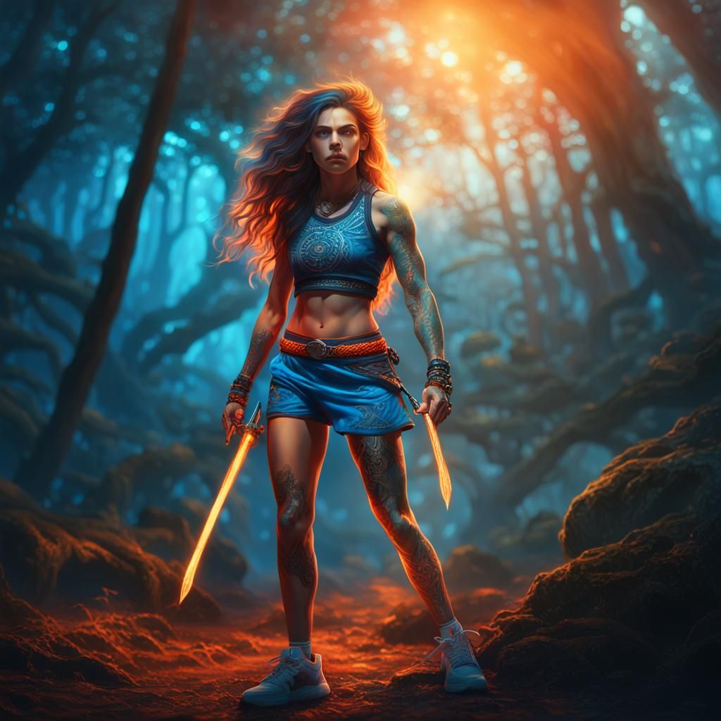 Girl fighter, cute, overhanging croptop, shorts