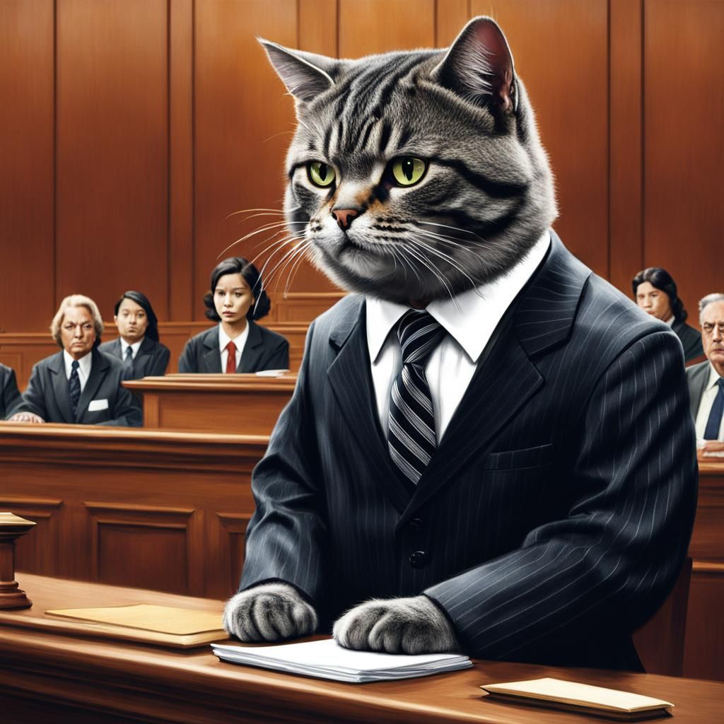 cat in suit and tie speaking in front of a judge in a courth...
