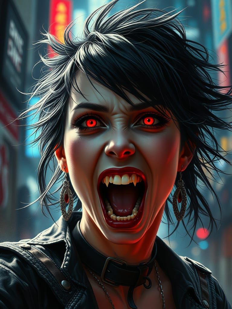 Neon lights flicker, she laughs with a mouth of knives— downtown vampire chic.  by @Rob