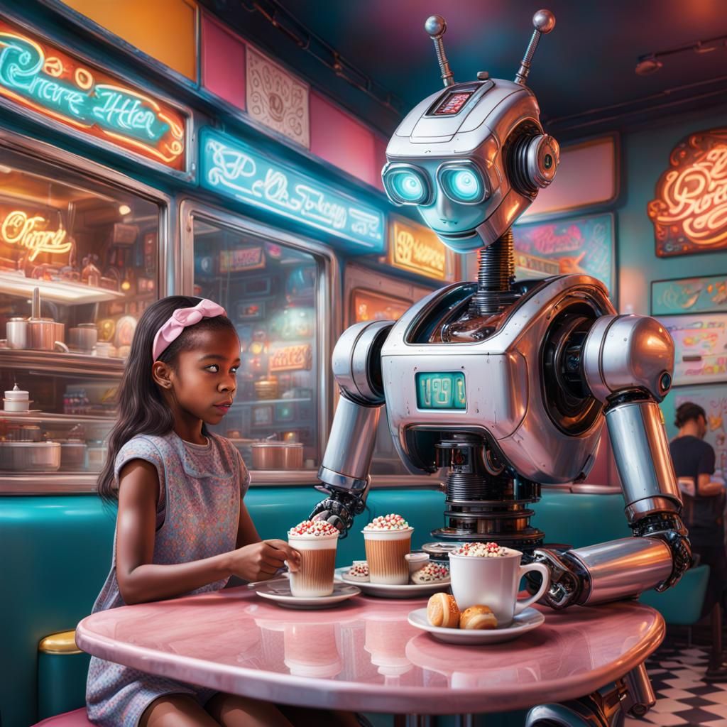 An intricate intelligent robotic robot serving hot chocolate with marshmallows and donuts to a