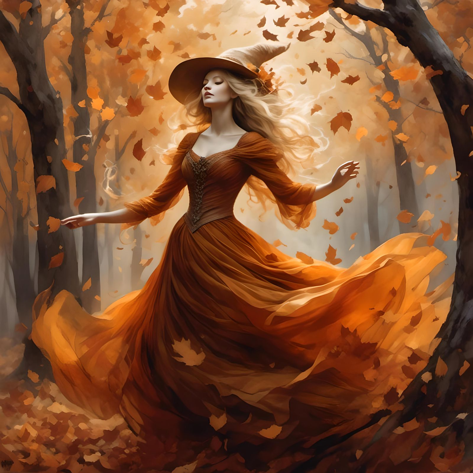 <lora:A1:1.0> Honey-blond, cinnamon brown eyed Autumn witch ...