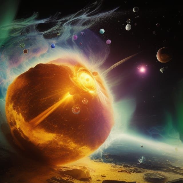 Absolute out of control chaos in motion, supernovas, nebulas, planets, meteors, comets, space dust & gas, contained with...
