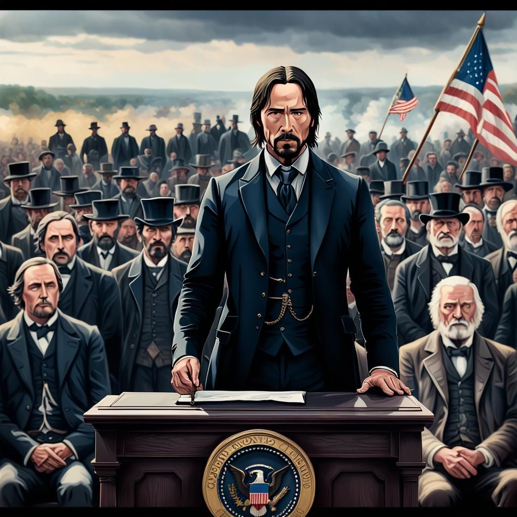 John Wick giving The Gettysburg Address, 1863, crowd, intricate details, HDR, beautifully shot, hyperrealistic, ...  by @James Silvers