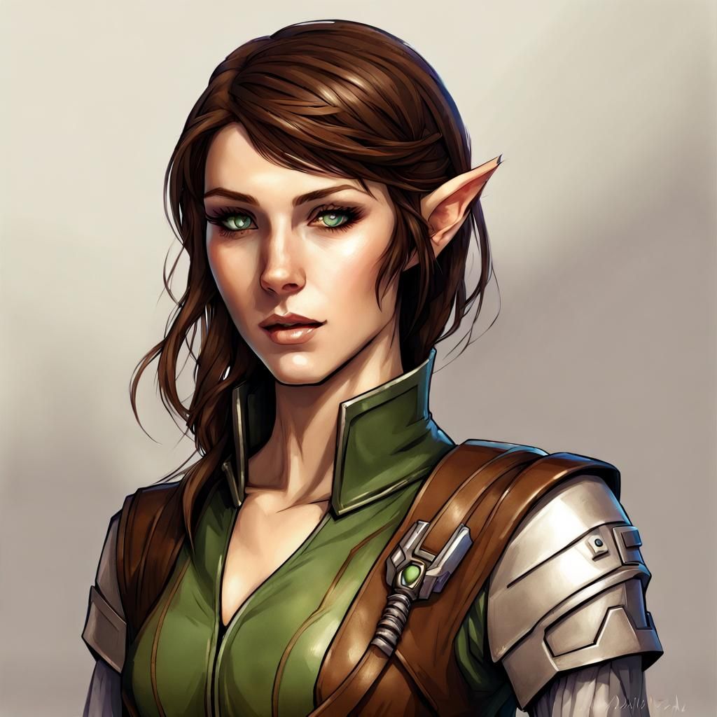 Sci-Fi Half-Elf Female, brown hair, attractive, with fine cl...