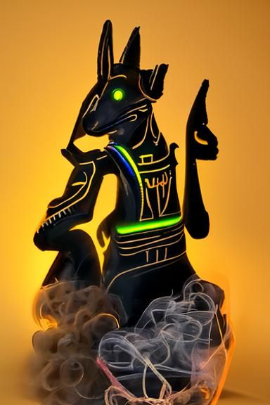 Anubis surrounded by glowing smoke and neon