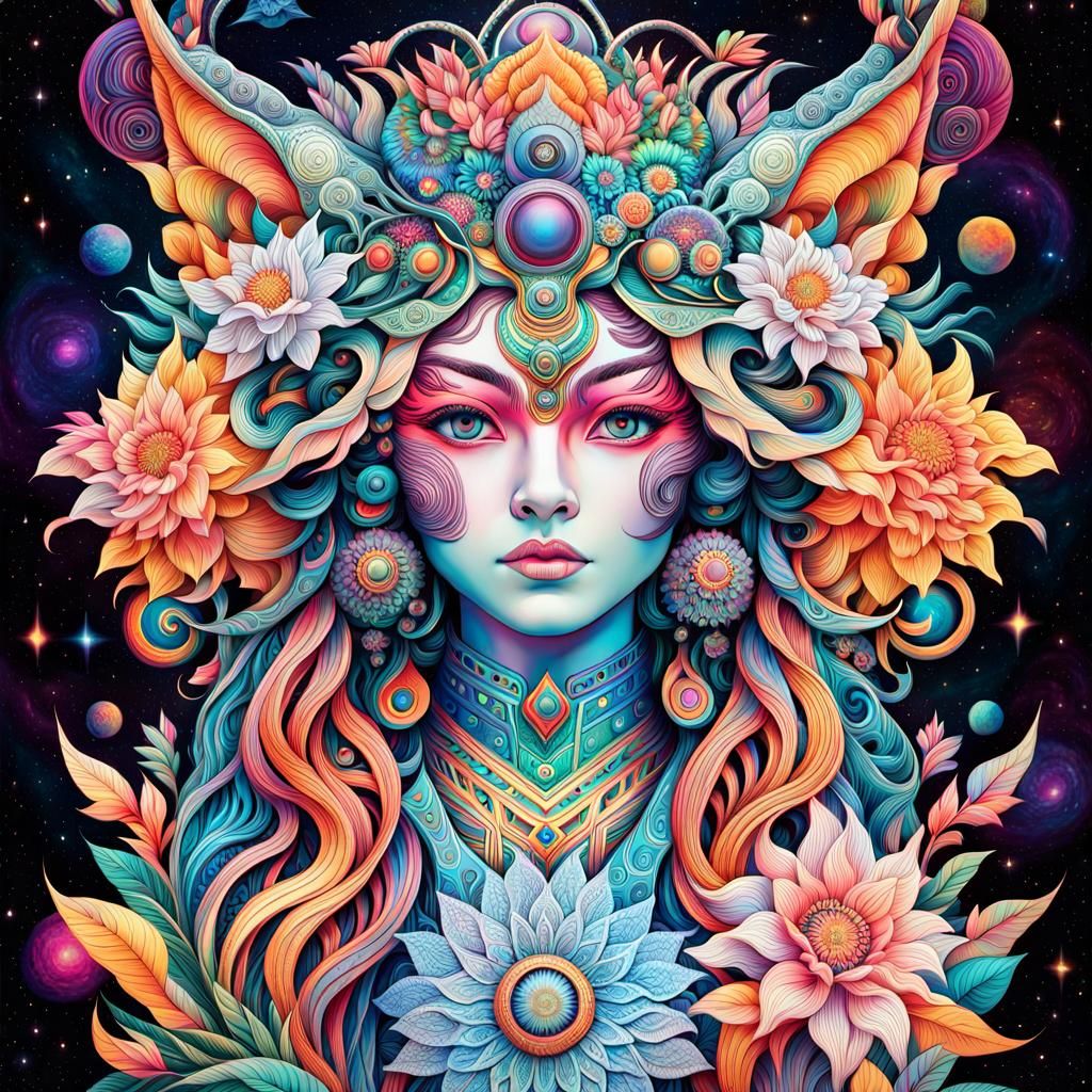 (Hyper detailed psychedelic artwork with lots of squiggly lines of a ...