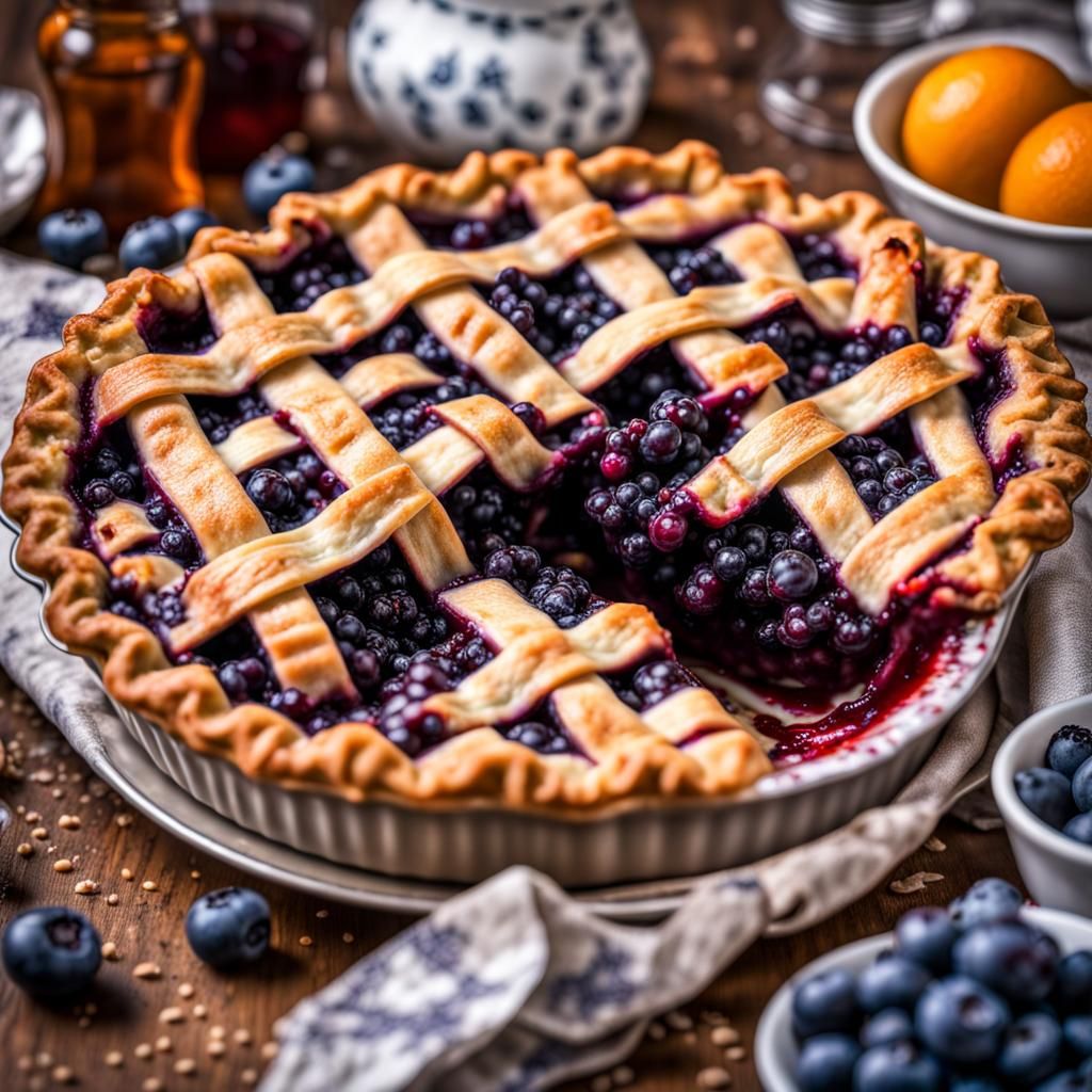 Front view of a blueberry pie freshly baked in the kitchen surrounded ...