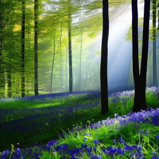 a cottage in a woodland bluebells lyrical abstraction romant...