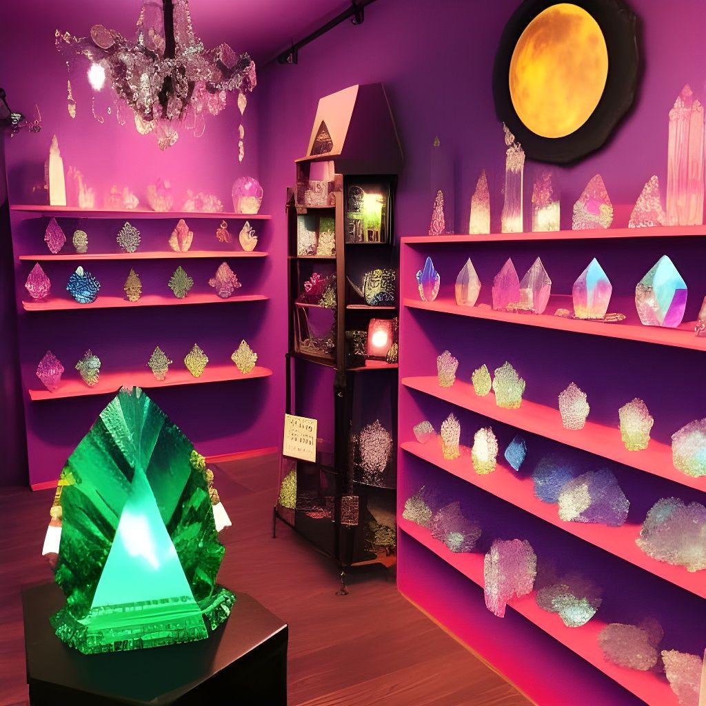 vibrant gothic crystal shop! 💎 a colorful array of crystals, sparkling in the moonlight, a cozy