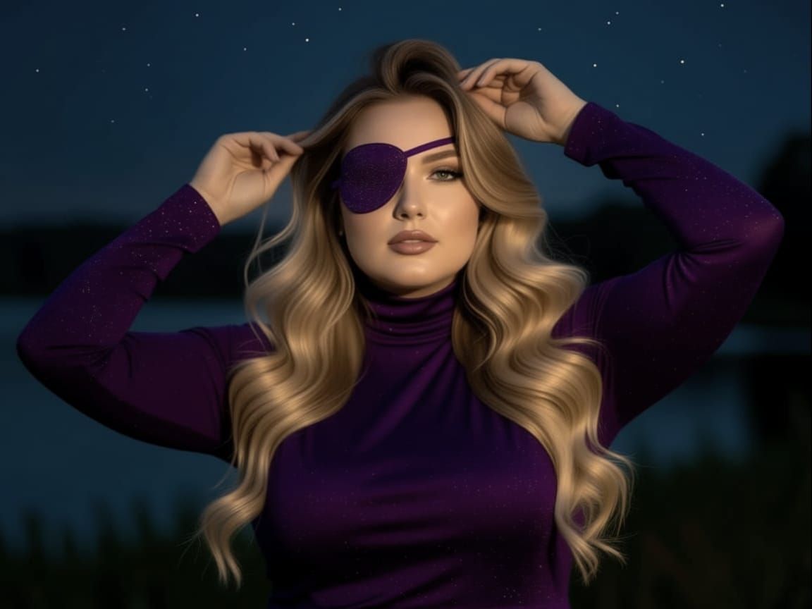 Dynamic photo portrait of a plus size eyepatch woman with wavy blonde hair in dark purple glitter dress