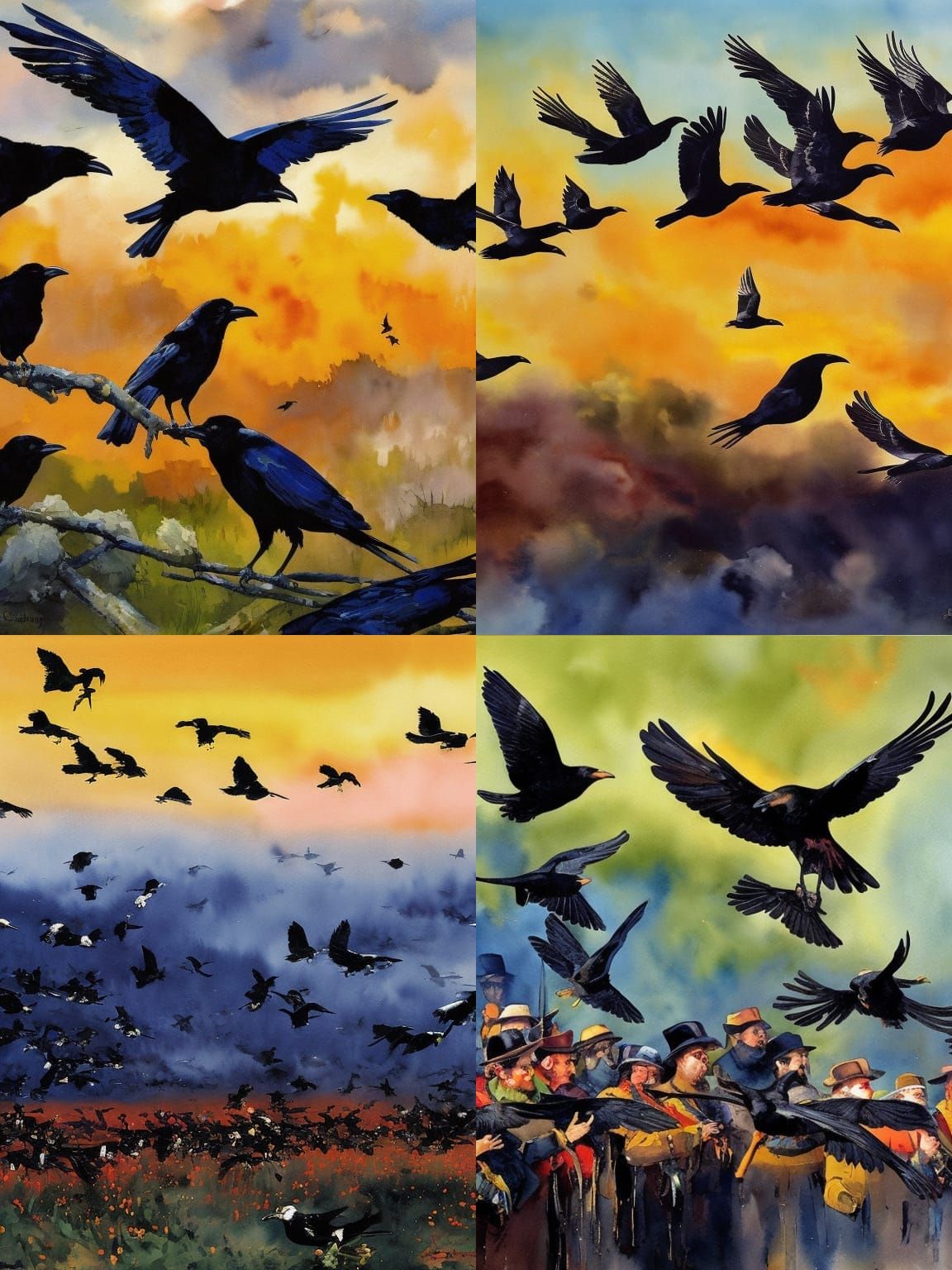 A Murder Of Crows in Gouache Style, Watercolor, Museum Epic ...