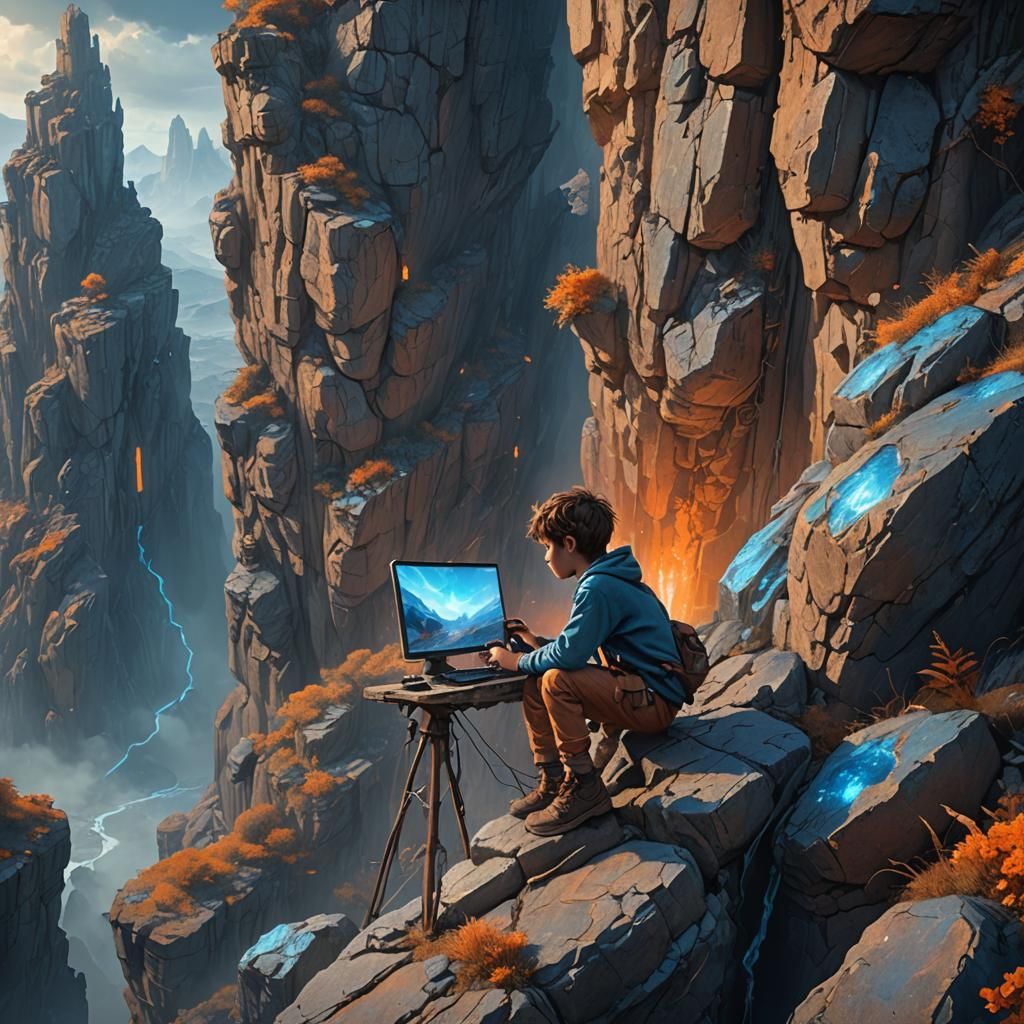 Boy Plays Game on Cliff in Fantasy Matte Painting