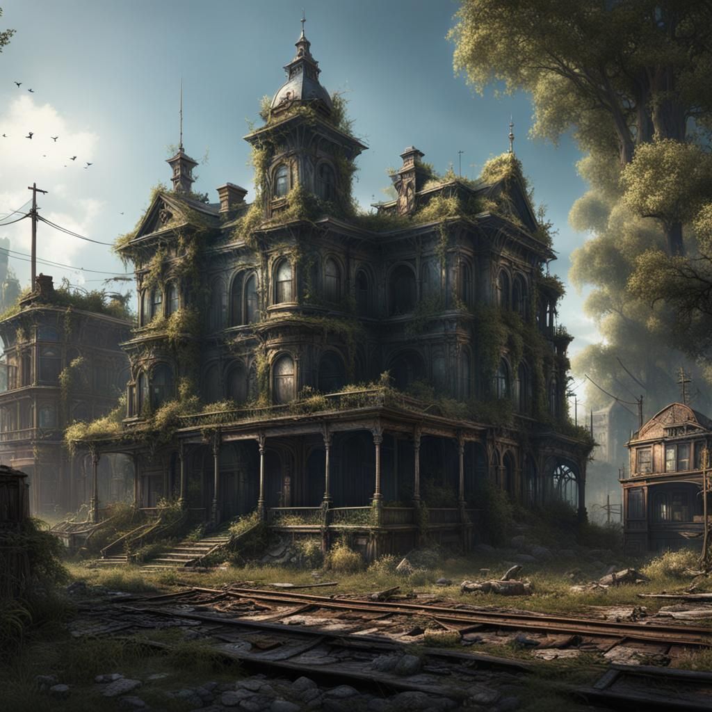 post apocalyptic city, victorian architecture, dilapidated, ...