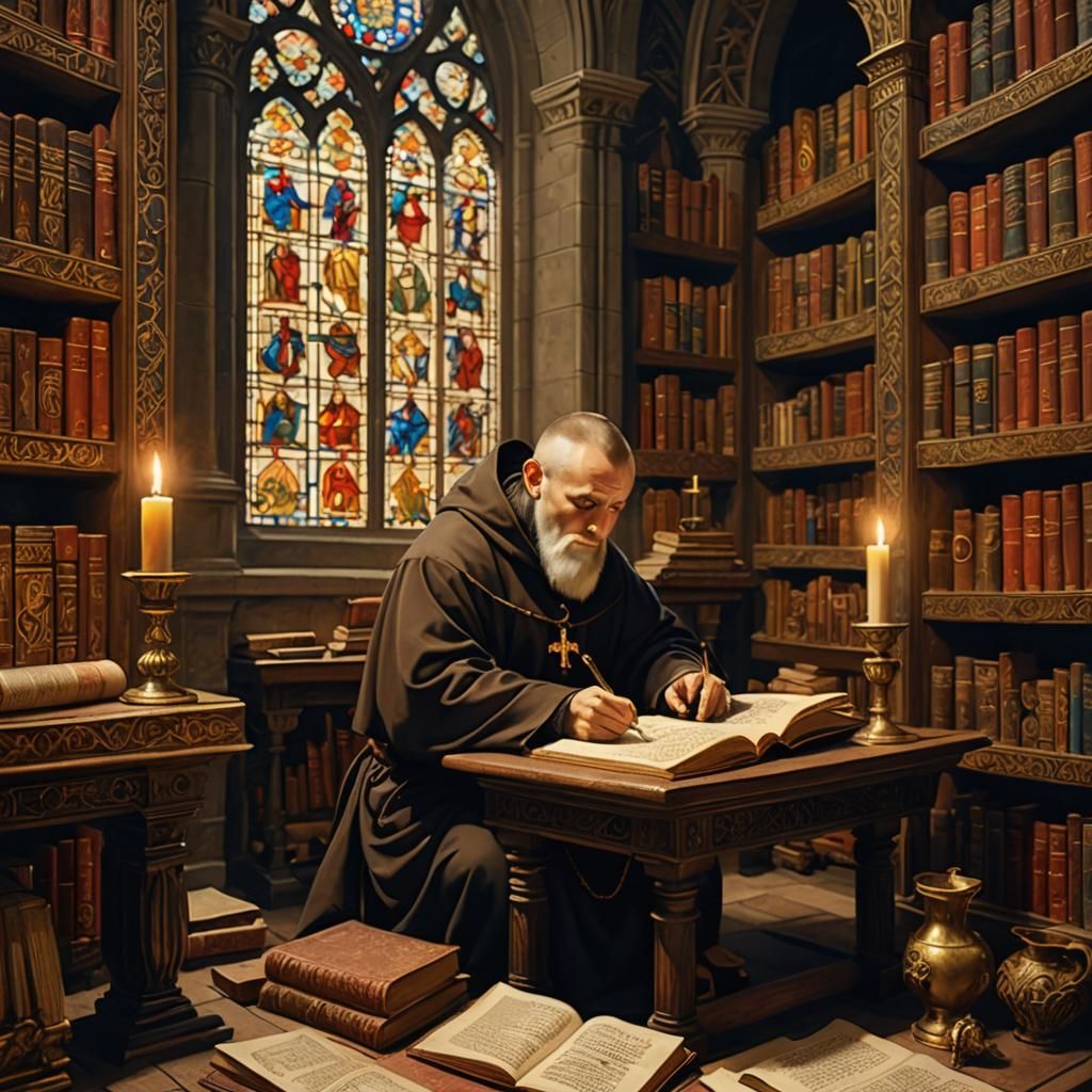 Capuchin monk writing in a medieval scriptorium, secluded in a lair surrounded by towering stacks of ...  by @char aznable
