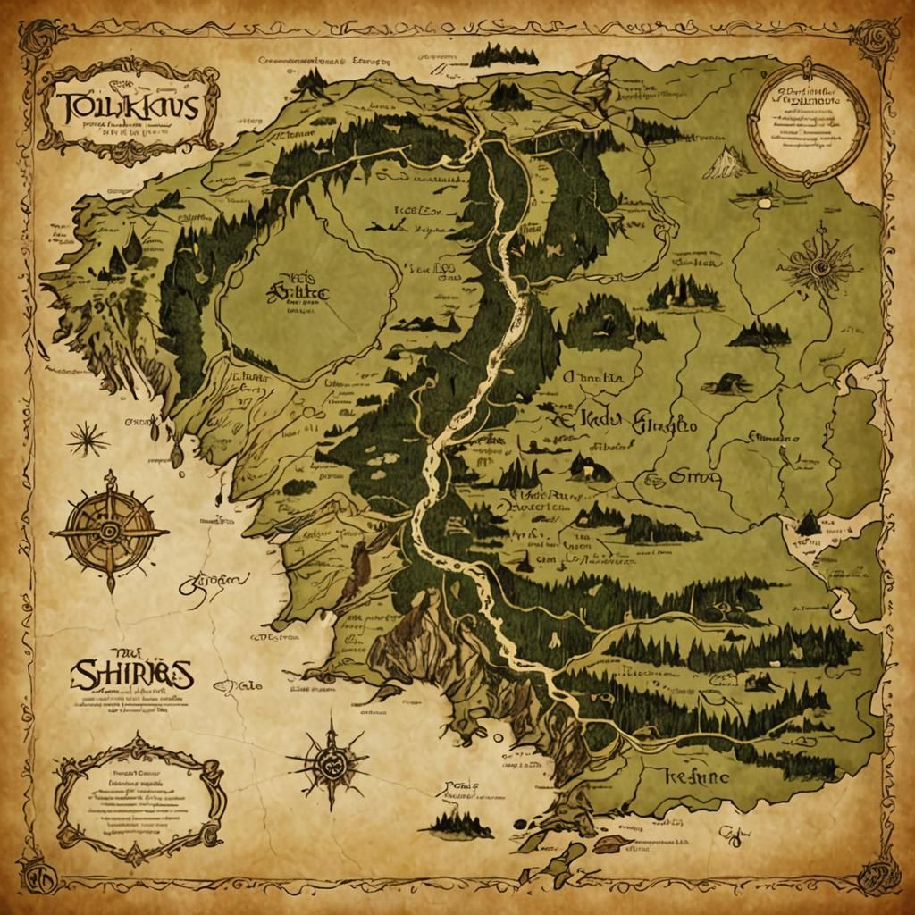 Tolkiens Map of Middle Earth with the shire in the middle  by @Reklov