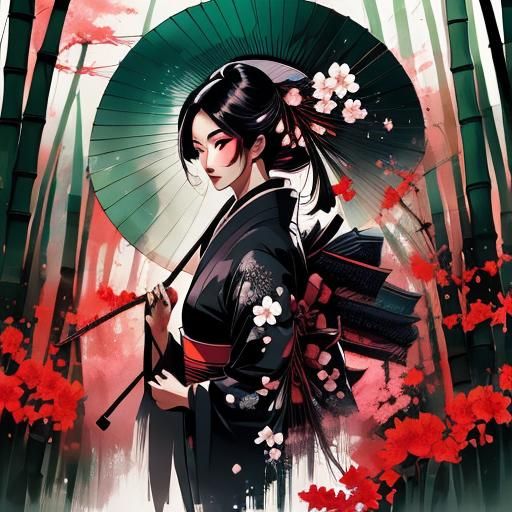 <lora:Doublex portrait DS8:1.0> Beautiful kimono girl, blossom rain, bamboo forest, Double exposure portrait, intricate, highly detailed, ma...