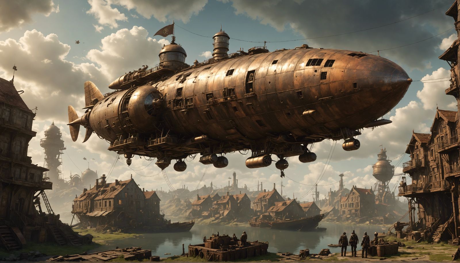 steampunk airship in a war torn city