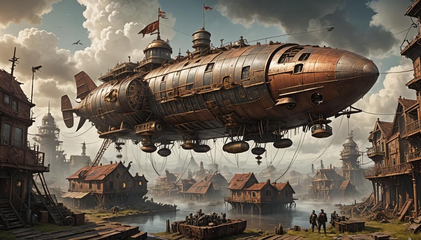 steampunk airship in a war torn city