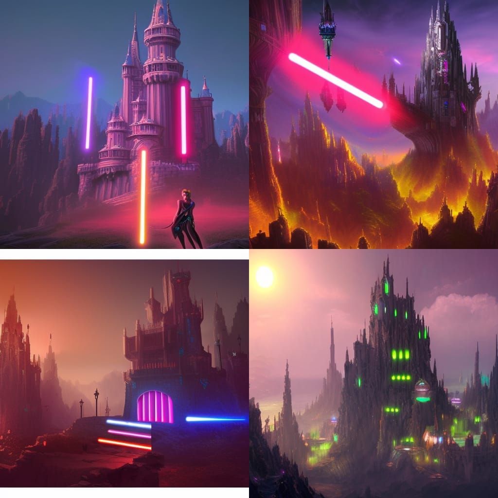 Virtual Reality Gamergirl, Digital Glowing Castle, Tower Mad...