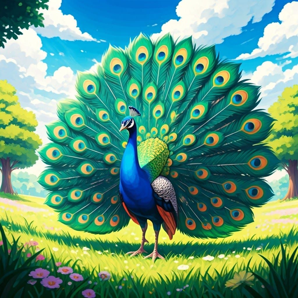 a crayon anime drawing of a peacock in a meadow, its tail wi...