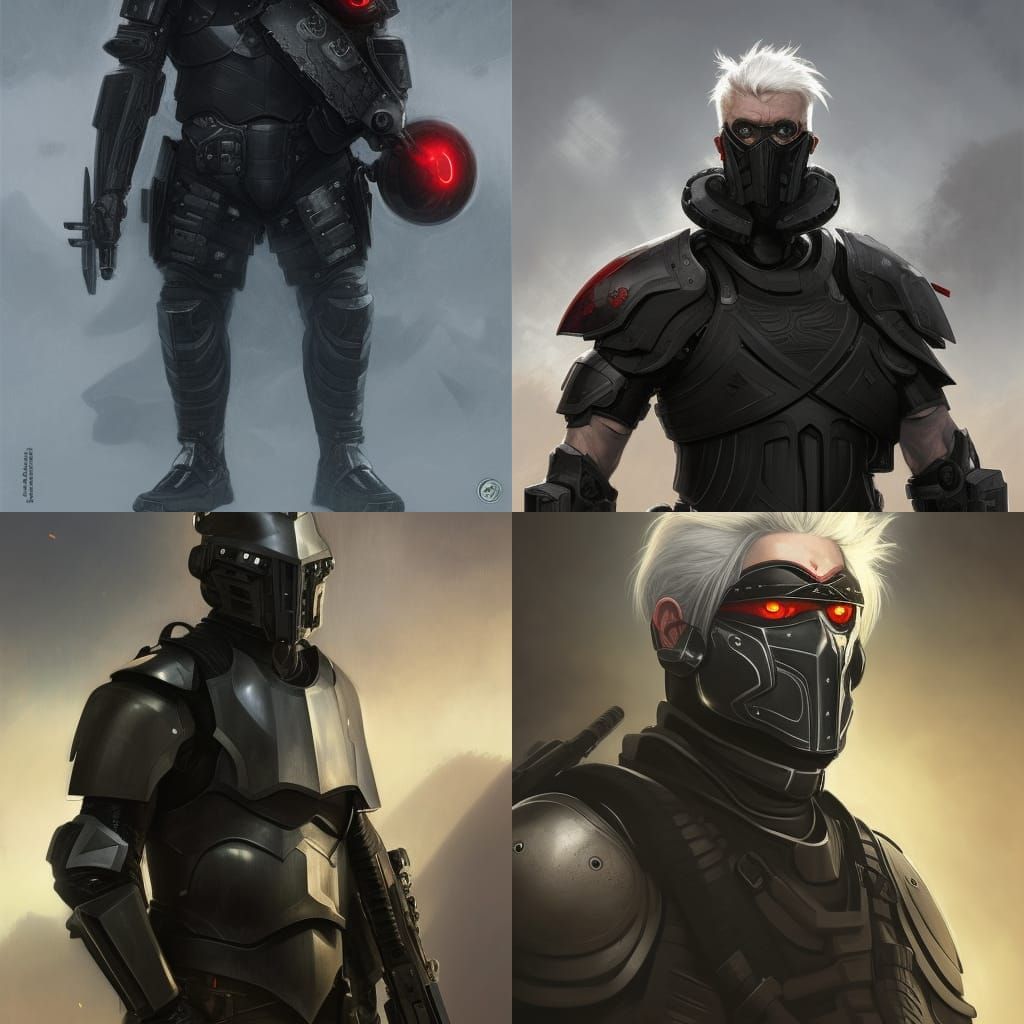 Male mercenary in black tactical combat armor with white hair with red ...