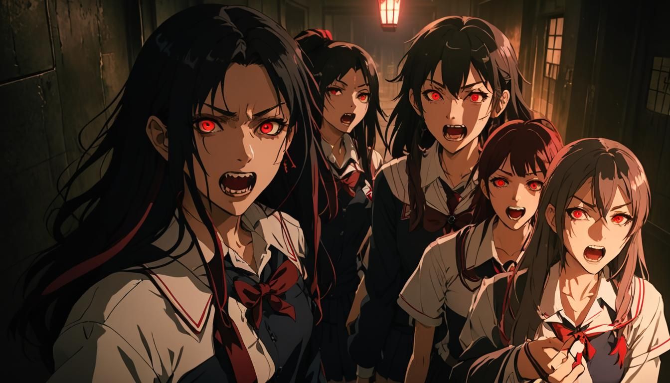 Vampire high-school girls hissing at you with sharp fangs an...