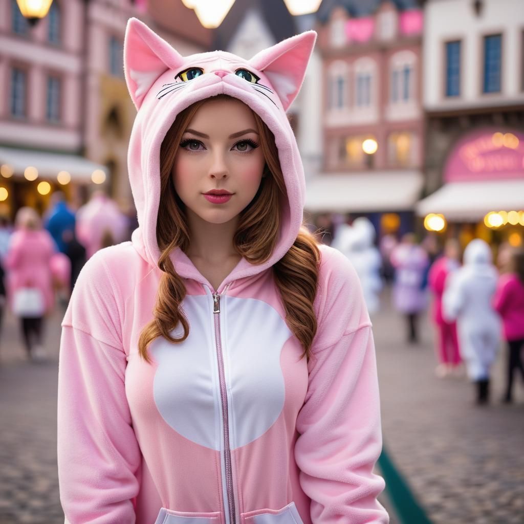 princess in kitty Onesie in town square 2