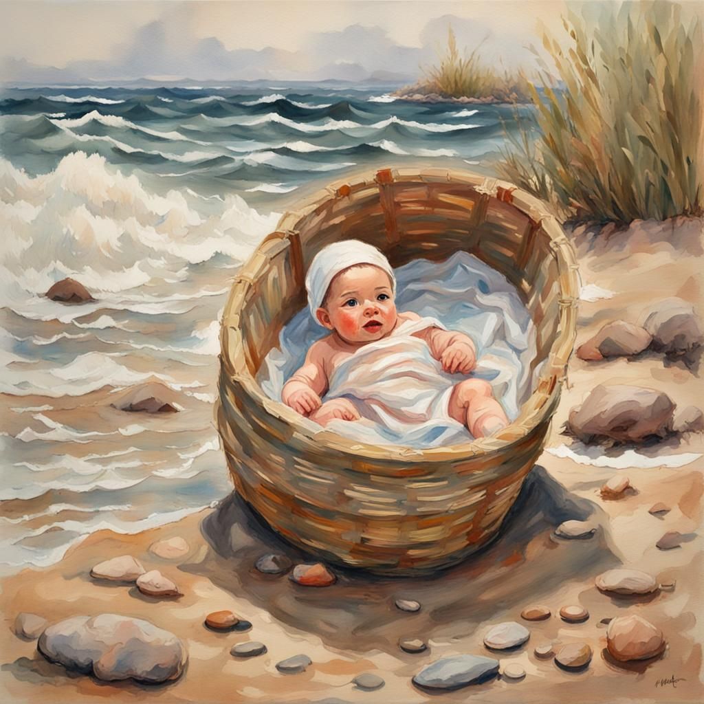 A baby in a moses basket washed up on the shore  by @Alison