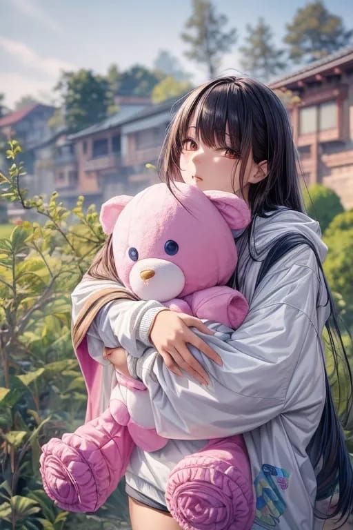 Rachel hugging plushie