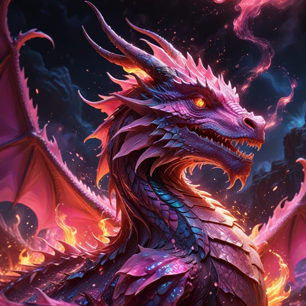 Pink Dragon Breathes Pink Fire in Vibrant Fantasy Art