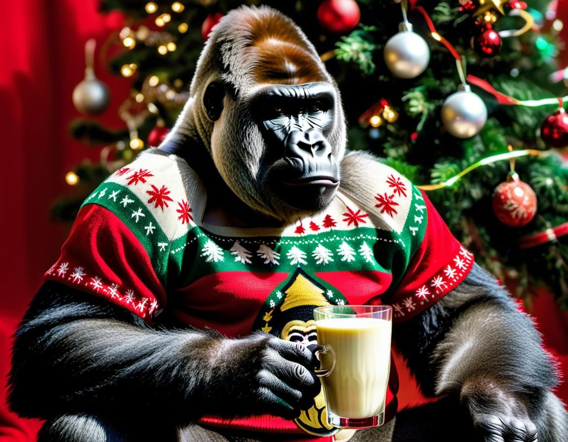 A gorilla wearing an ugly Christmas Sweater sitting next to a Christmas Tree drinking a Spiked Eggnog with intricate details and. AI Generated Artwork NightCafe Creator