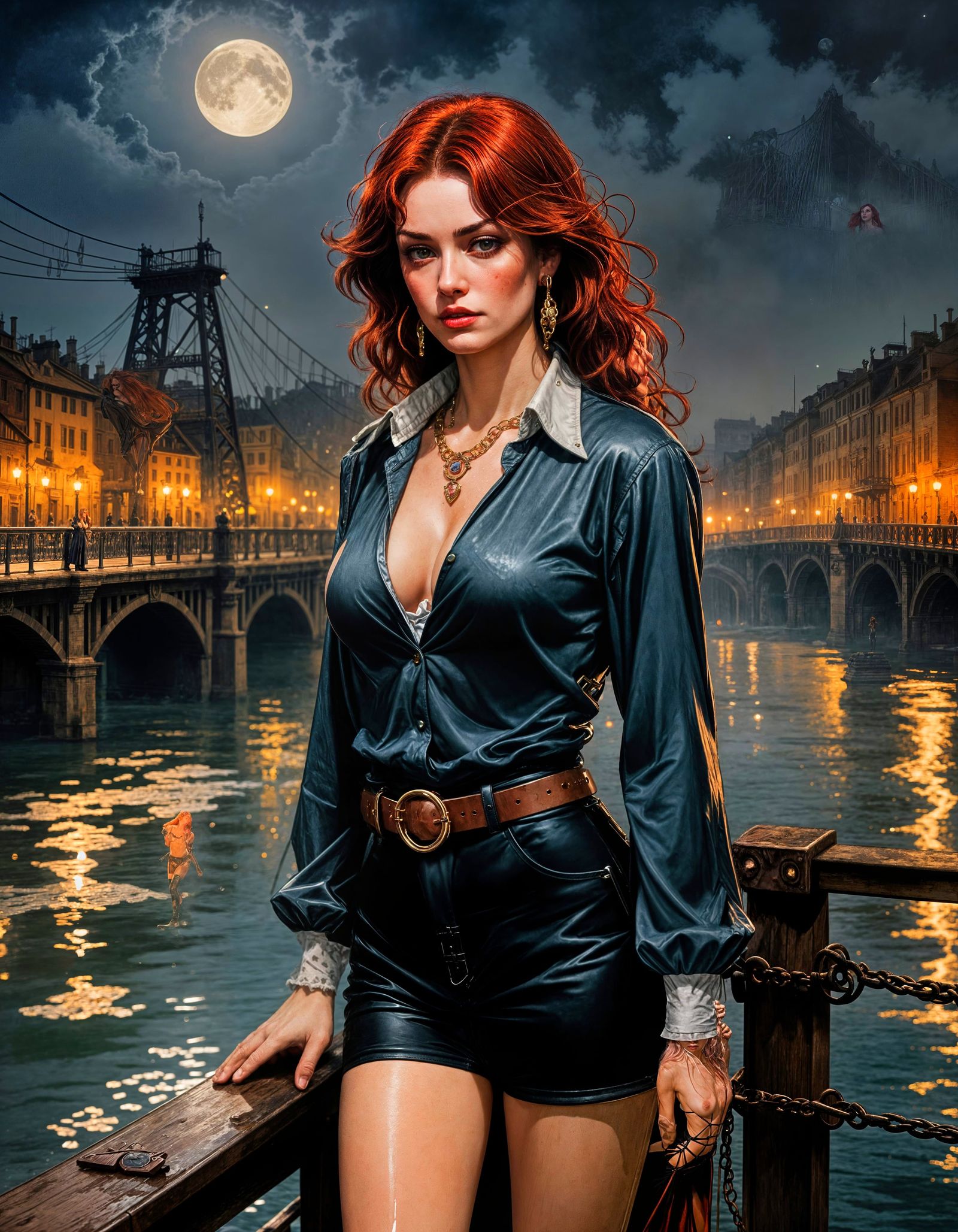 Sultry Femme Fatale in Crimson Hair and Jewels on a Foggy Ir...