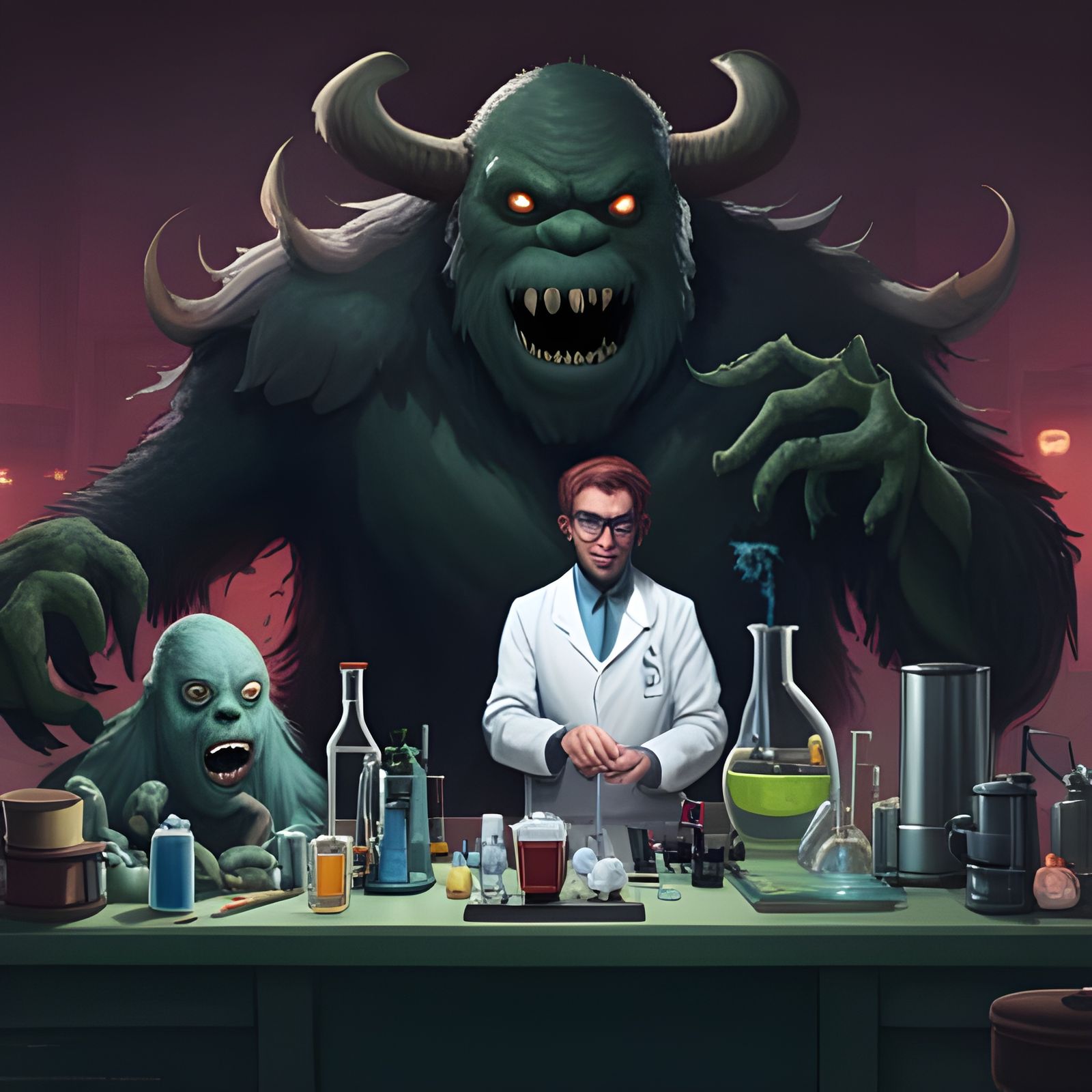 A mad scientist working in a lab surrounded by monsters  by @Hintero