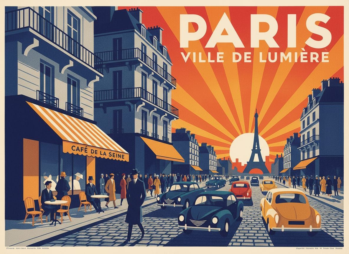 A bustling 1960s Parisian street scene depicted with the bold, graphic style of vintage travel posters. ...  by @undefined