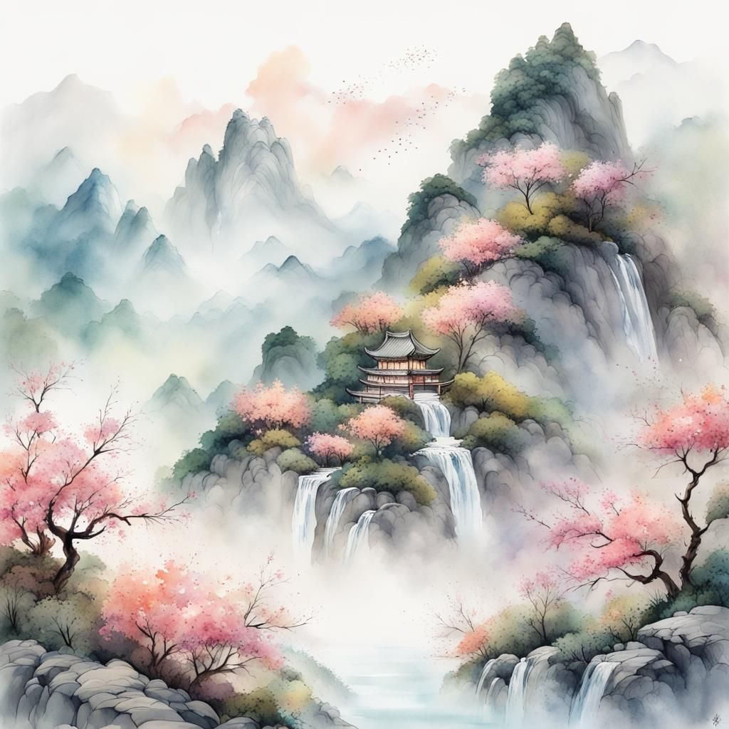 mountain,flowers,Watercolor