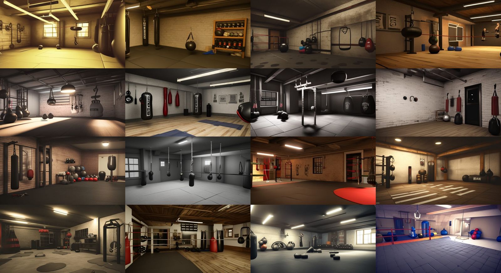 basement boxing gym with weights and punching bags, no windows, dimly ...