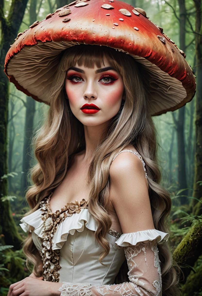 Beautiful woman with a very big mushroom  hat ,enchanted for...
